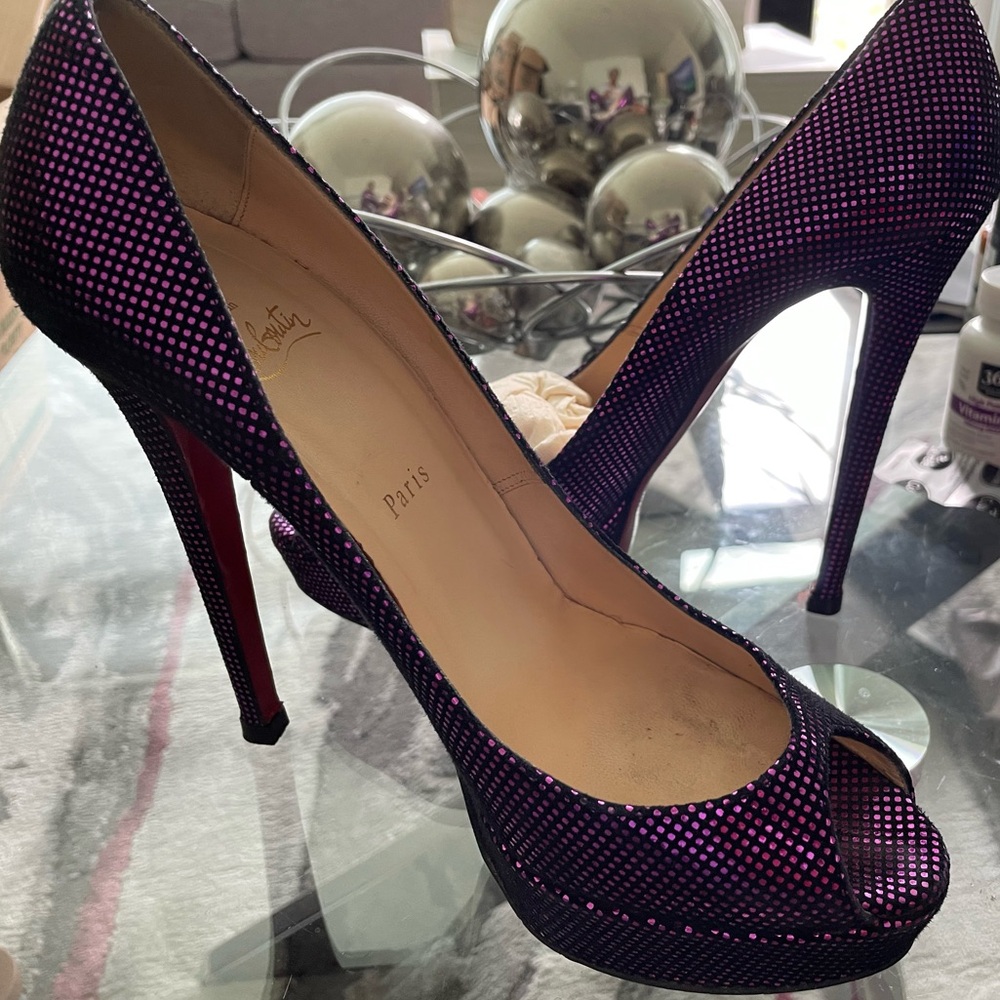 Christian Louboutin Black and Purple Peep-Toe Heels